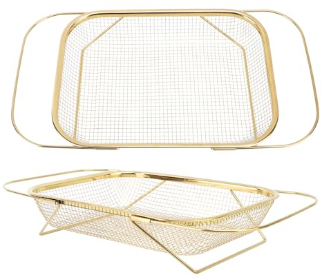 Edelstahl-Sieb über der Spüle, Großer 6-Liter-Korb, Feinmaschiges Sieb, Erweiterbarer Griff, Sieben, Gemüse Abspülen (GOLD)