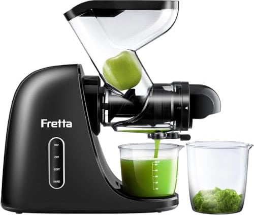 Fretta Slow Masticating Juicer Machine, BPA-Free Cold Press Juicer with Wide Dual Feed Chute, Auto Reverse, High Nutrient Extraction, Quiet Motor (Black)