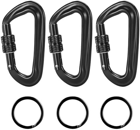 D-Ring Locking Carabiner, 3 Pack Spring-loaded Gate Carabiner Clips with 3 Key Rings Aluminum Alloy D-Ring Carabiners Key Chain Clip Hook for Camping Hiking Fishing Backpack