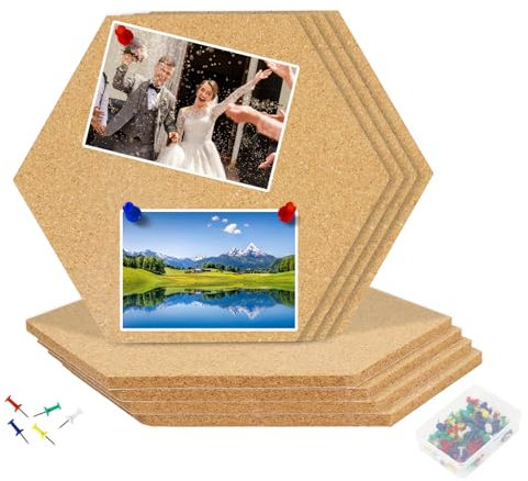 Gucass Lot de 8 tableaux d'affichage en liège hexagonaux autocollants en liège avec 60 broches pour accrocher des photos, décoration de la maison et du bureau Memoranduma