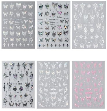 KGDUYC 3D Nagelsticker Metallic Schwarz Punk Laser Pink Aurora Butterfly Nail Art Sticker Nägel Zubehör, 6 Bilder