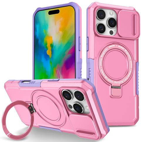 Kainevy for iPhone 16 Pro Max Case Compatible with MagSafe with Stand Magnetic Ring Holder & Camera Cover Apple iPhone 16 Pro Max Phone Case Rugged Silicone&PC Heavy Duty Protective (Pink+Purple)