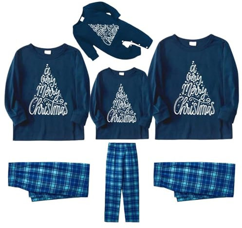 Luckywaqng Ensemble pyjama de Noël pour la famille, ensemble de pyjama de Noël, tenue de famille, pantalon à carreaux, costume de maison, pyjama de Noël pour femme, homme, enfant, bleu, XXL
