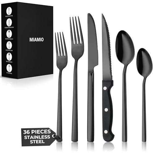 MIAMIO – Set di Posate in Acciaio Inossidabile per 6 Persone/Servizio di 36 Pezzi – Include Coltelli, Forchette, Cucchiai – Lavabili in Lavastoviglie (Nero opaco)