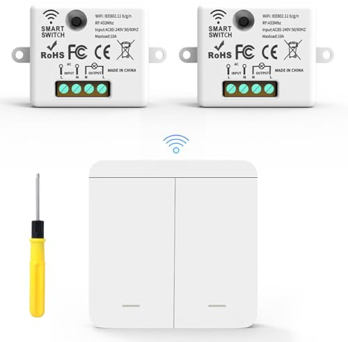 Acmerota Kabelloses Lichtschalter-Set 58–240V 1 A Fernsteuerungs-Lichtschalter, RF-Ein/Aus-Wandschalter, Steuerung bis zu 10 m, keine Verkabelung erforderlich, 1 tragbarer Schalter und 2 Empfänger