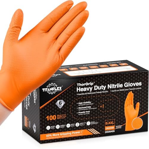 TitanFlex Thor Grip Orange Nitrile Gloves 6 Mil Heavy Duty, Raised Diamond Texture Enhanced Grip, Latex Free & Powder Free for Mechanic Automotive Repair (Box of 100, Large)
