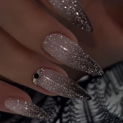 MouyouGlow Press on Nails Long,Stiletto Halloween Verlauf Schwarz Glitzer Sparkly Gothic 3D Rhinestones Fake Nails mit Nagelkleber,Gradient Black Künstliche Fingernägel