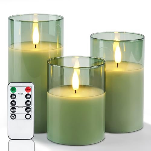 Amagic Green Glass Flameless Candles with Remote and Timer, Real Wax Battery Operated Candles, Electric LED Pillar Candles with Flickering Flame for St. Patrick's Day Party Home Decor, Set of 3