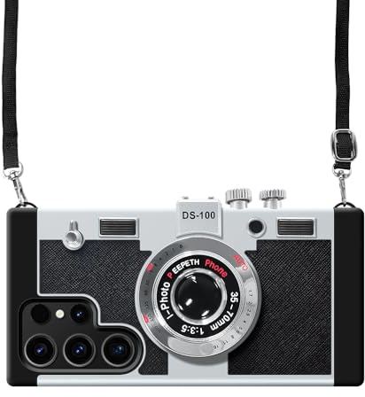 UnnFiko für Emily in Paris Handyhüllen Samsung Galaxy S24 Ultra,3D Vintage Kamera lustige kreative hülle mit abnehmbarem Kette,Schutzhülle zum Umhängen,Schwarz.