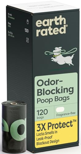 Earth Rated Sacs Ramasse-Crottes Anti-Odeurs Chien, 3X Protect Extra-Épais & Anti-Fuites, Ultra-Résistants, Design Opaque, Sans Parfum, 120 Sacs