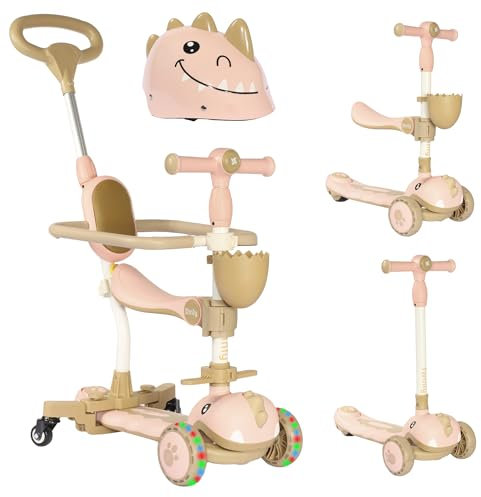 Twinly - Kinder Roller Scooter 3-in-1, Tretroller mit klappbarem Sitz & LED-Rädern, DINLY evolutiver Faltroller mit Helm, für Kinder von 1 bis 6 Jahren - bis 30 kg (Rosa)