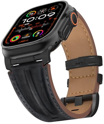 Bouixel Top Grain Genuine Leather Strap Compatible with Apple Watch Ultra Straps 49mm 46mm 45mm 44mm 42mm, Rugged Metal Connector Band for Women Men iWatch Ultra 2/1 Series 10 9 8 7 6 5 4 3 SE