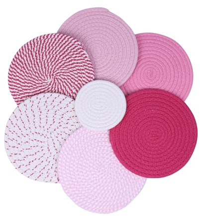Pink Trivets for Hot Dishes/Pots/Pans ，Heat-Resistant Kitchen Pot Holders & Hot Pads for Countertops, 8 IN Set -Oven Mitts, Dish Mat, and Stacking Pot Protectors,7 PCS Hot Pads Plate Mats (7 pcs pink)