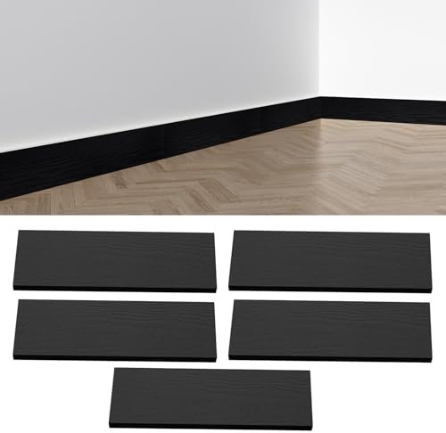 Lot de 5 plinthes décoratives en PVC 3D - 45 x 12 cm - Aspect grain de bois moderne - Revêtement de sol DIY - Découpable - Décoration de maison (noir)