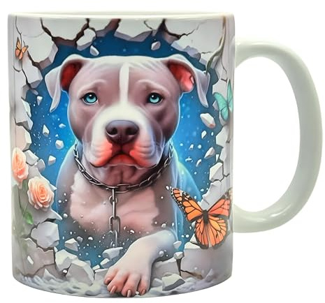 Shopi Zone Pitbull & Butterflies Ceramic Mug - 3D Art with Off Blue Background, Flowers and Realistic Effect