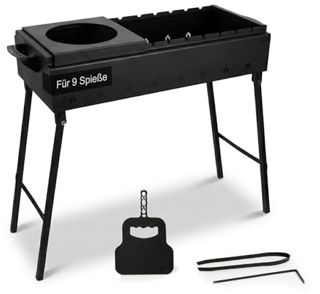 Mangal für 9 Spieße Klappbarer Holzkohlegrill 60 cm lang 2 mm Stahl BBQ Grill Schaschlikgrill Adapter für Kazan Grillfächer Feuerhaken Grillzange für Picknick Garten Camping