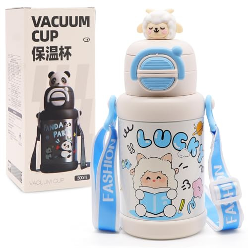 Cartoon Trinkflasche Kinder, Edelstahl Thermosflasche 500ml Schaf Kinderflasche mit Strohhalm, Auslaufsicher Wasserflasche Perfekt für Kinder, Schule, Kindergarten, Sport