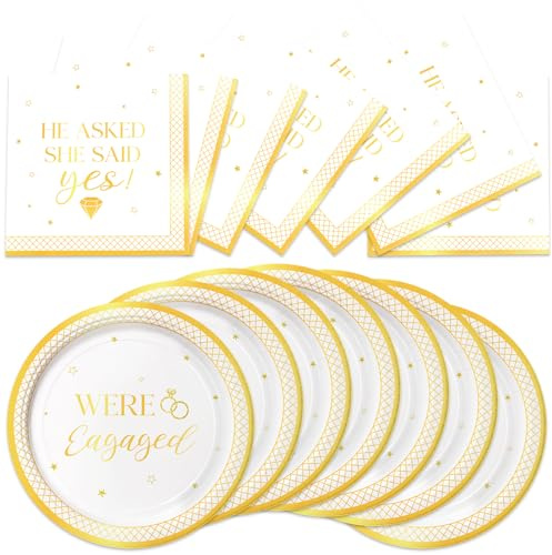 40Pcs Engagement Party Decorations She Said Yes Sign Paper Plates and Napkins Party Supplies White and Gold Engagement Decorations