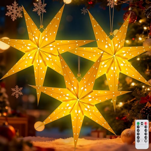 3Pcs Papierstern Lampenschirm,45cm LED Papiersterne Zum Aufhängen mit Fernbedienung und Timer,Papierstern mit Beleuchtung 8 Leuchtmodi,Papierstern Beleuchtet zum Aufhängen,Weihnachtsstern Beleuchtet