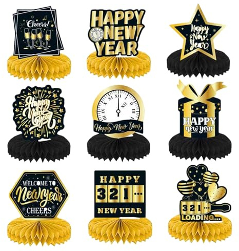 CLDURHGE 9 Stück Silvester Deko 2026 Schwarz Gold Tischdeko Neujahr für Party Dekorationen Countdown Deko Set elegant für Wohnzimmer Esstisch Kamin Dekoration