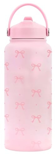 Pink Bow Insulated Water Bottle, 32oz Stainless Steel Sports Water Bottle, Leakproof Insulated Bottles with Straw for Women Girls, Portable Tumbler for School, Office, Sports, Travel