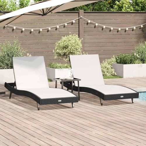 QJBSAVVA 3-teiliges Poly-Rattan Lounge-Set mit Verstellbarer Sonnenliege 40×40×40,5 cm Schwarz Weiß Klappstuhl mit Hocker Tisch für Garten Terrasse Balkon und Camping