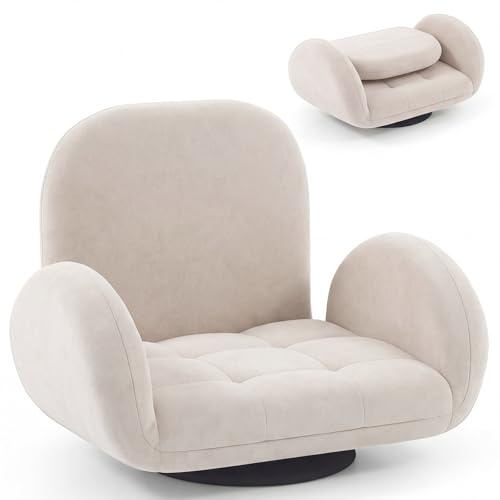 COSTWAY Folding Sofa Chair, Lazy Floor Sofa Bed with Adjustable Backrest and Armrests, Single Padded Lounge Sleeper Recliner Floor Chair Seat for Meditation Gaming Reading (with Swivel Base, Beige)