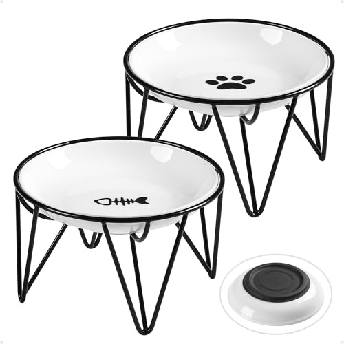 Elevated Cat Bowls, Raised Ceramic Cat Feeding Bowls and Kitten Dishes | Food Safe, Anti Vomiting, Shallow, Removable, Non-slip, Whisker Friendly. Ideal for Wet and Dry Food, Pack of 2