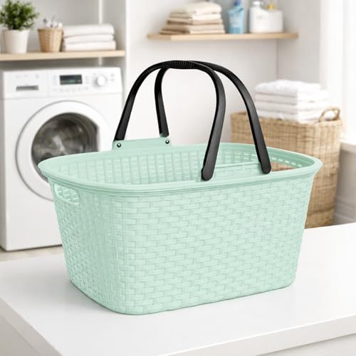 Ebaxx 32 Liter Rattan Henkel Wäschekorb Wäschewanne mit Griffen aus Kunststoff (Grün)