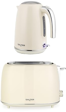 Salter Retro Kettle & 2-Slice Toaster Set – 1.7L 3kW Jug Kettle with 360° Base & 815W Toaster with Wide Slots, Plastic, 6 Browning Levels, Removable Crumb Tray, Cream