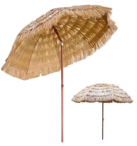 Générique Parasol Paille De Raphia Tropical Hawaii, Parasol De Plage De Table 2.0m, Parapluie De Jardin Extérieur Rond Exotique, Incliné À 45° - Couleur Naturelle
