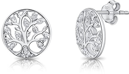 DTPsilver - Boucles d'oreilles Femme en Argent Fin 925 avec Oxyde de Zirconium en Forme de Arbre de vie - Fermoir clou