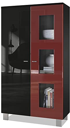 Vladon Vitrine de Salon Denjo, Vitrine sur Pied avec 2 Portes et 3 vitres, Noir Mat/Noir Haute Brillance/Bordeaux Haute Brillance (71 x 129 x 35 cm)