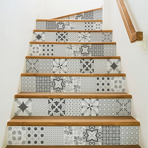 Selbstklebende Treppe Fliesen | Aufkleber für Zement Fliesen – Aufkleber für Kontrosenfliesen | Treppe Zementfliesen selbstklebend – azulejos – 15 x 105 cm – 4 Streifen