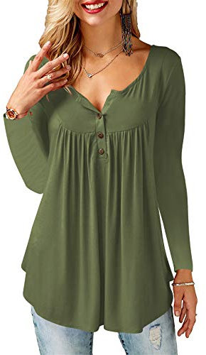 AMORETU T-Shirt Damen V-Ausschnitt Knopfleiste Bluse Solide Tunika Sommer Tops , Langarm-olivgrün, XXL/DE 54-56