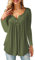 AMORETU T-Shirt Damen V-Ausschnitt Knopfleiste Bluse Solide Tunika Sommer Tops , Langarm-olivgrün, XXL/DE 54-56