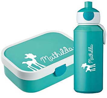 4youDesign Set: türkise Brotdose & Trinkflasche -REH- mit Namen für Kinder – 6 Farben, 3 Motive, inkl. Dosen-Einsatz, Gabel & Pop-Up Flasche (Bambi Türkis)