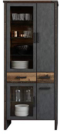 trendteam smart living - Prime - Vitrine - Grau/Eiche - rustikaler Wohnzimmerschrank - (BxHxT) 89 x 212 x 42 cm - Extravagante Griffe - Schrank mit 12 Fächern und 2 Schubladen