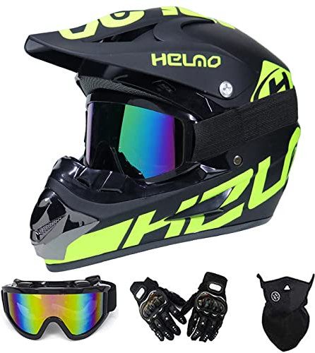 YASE Casque VTT Intégral Homme Vert Noir Autocollant Casque de Motocross Set Avoir Casque Crochet Goggle Gant Masque Casque Moto Off Road pour Hors Route VTT Sportif MTB BMX,L