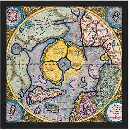 Artery8 Map Mercator 1623 North Pole Arctic Pictorial Chart Square Wooden Framed Wall Art Print Picture 16X16 Inch