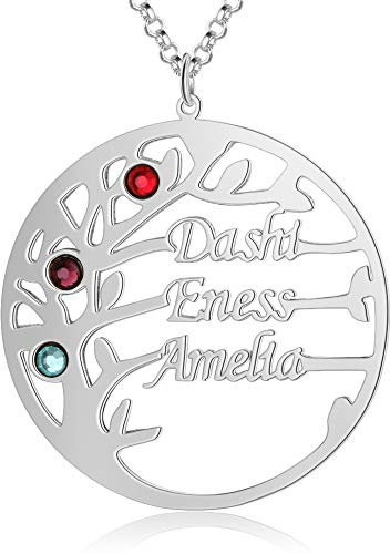 kaululu Collana Donna Albero della vita con Nome Personalizzabile 2-4 Famiglia Bff Nomi Incisione Simulato Pietre Collane Mamma con Nome Ciondolo in 925 Argento Gioielli Compleanno (Silver, 3 name)