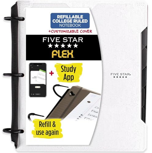 Five Star Flex Hybrid Notizbuch + Study App, 2,5 cm (1 Zoll) Ordner mit Registern, anpassbarem Cover, Notizbuch und 3-Ringbuch All-in-One, Weiß (29326AE2)
