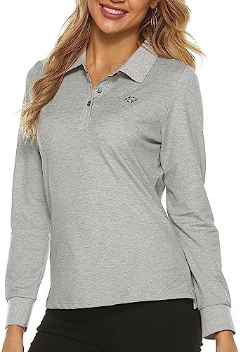AIRIKE Women's Golf Polos Top Cotton Moisture Wicking Casual Long-Sleeve Sports Tee Shirts Grey Size XL