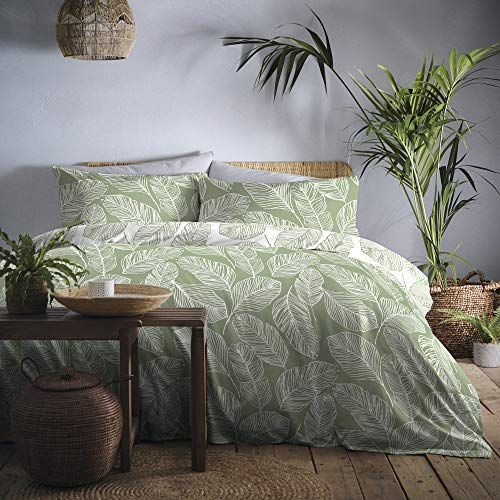 Fusion Matteo Bettwäsche-Set für Doppelbett (1 Doppelbett und 2 Kissenbezüge), 200 x 200 cm, wendbares Design, Polycotton, Weiß/Grün, Doppelbett-Bettwäsche-Set
