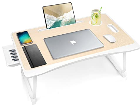 Amaredom Tavolino da letto per computer portatile, pieghevole, portatile, con cassetto portaoggetti e portabicchieri, per fare colazione a letto, divano/divano, rovere bianco