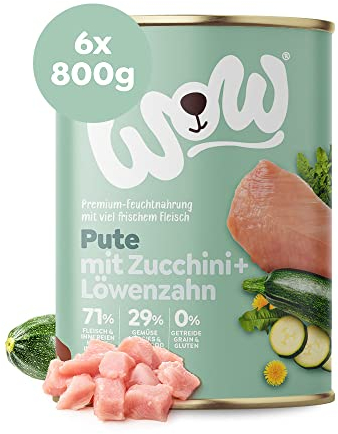 Wow Hundefutter nass Adult mit Pute, 6X 800g I reichhaltiges Nassfutter für ausgewachsene Hunde Aller Rassen I Beste Qualität mit viel Fleisch, Zucchini & Löwenzahn I hohe Akzeptanz & Verträglichkeit