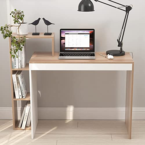 SogesHome Petit Bureau avec Étagères, Bureau d'Ordinateur Compact Table pour Ordinateur pour Le Travail à Domicile et Les Études, 110 x 40 x 90 cm Teck Blanc