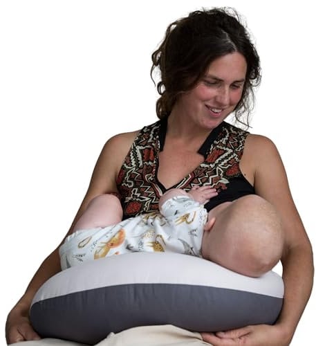 Hippychick Nursing Pillow – Comfortable Breastfeeding Pillows For Babies – 100% Cotton Maternity Pillow Cover Removable & Washable – Post Pregnancy Gifts – Charcoal and Dusky Pink