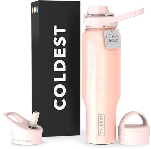 Coldest Sports Water Bottle - 3 in 1 Lids (Chug, Straw, Handle) - Insulated Stainless Steel Tumbler with Handle - Vacuum Water Flask Cup, Valentines Gifts for Him Her (46 oz, Forever Pink Glitter)