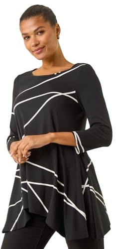 Roman Originals Hanky Hem Tunic Top for Women UK - Ladies Longline Blouse Asymmetric Hemline Casual Slouch Loose 3/4 Sleeves Round Neck Relaxed Comfortable Holiday - Black & White - Size 10